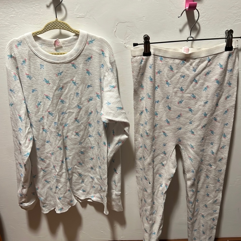 Vintage 1980s J.E. Morgan Cozy brand long john matching set floral print/white
